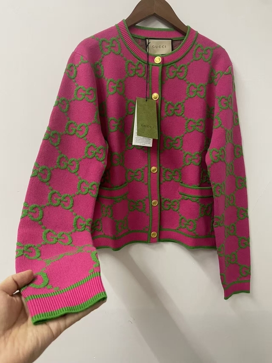 Gucci Sweaters - Gucci Pink and Green GG Crew Neck Cardigan Sweater